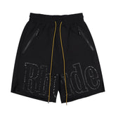 Rhude Large Black Glitch‑Effect Logo Print Drawstring Black Streetwear Shorts