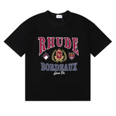 Rhude Bordeaux Grand Vin Crest Emblem Vintage Graphic Black Short Sleeve T‑Shirt