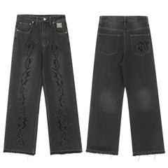 Revenge Vintage Wash Thorn Embroidery Relaxed Denim Jeans