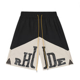 Rhude Black‑Beige Chevron Color‑Block Split Logo Yellow Drawstring Shorts