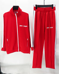 Palm Angels Bright Red Track Suit 2 Piece Set Zip Jacket + Sweatpants Unisex Hip Hop Streetwear