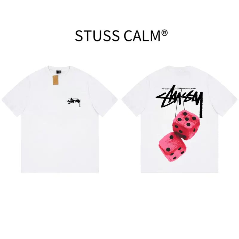 STUSSY White Pink Dice Front & Back Print Tee