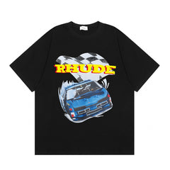 Rhude Racing Car Checkered Flag Graphic Short Sleeve T-Shirt