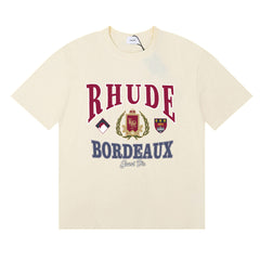 Rhude Bordeaux Grand Vin Crest Emblem Vintage Graphic Cream Short Sleeve T‑Shirt
