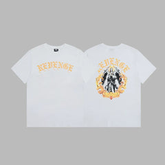 Revenge Yellow Arch Logo & Religious Angel Graphic Short Sleeve T-Shirt (White)