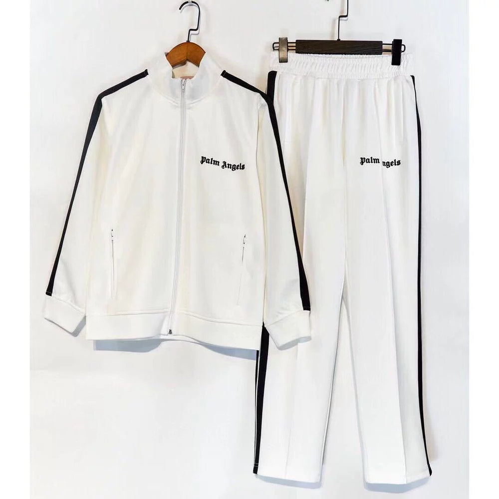 Palm Angels White Side Stripe Track Suit 2Pcs Zip Up Jacket + Straight Sweatpants Unisex Outfit