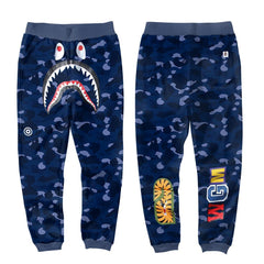 BAPE Navy Blue Camo Shark Face Graphic Jogger Pants Unisex Streetwear Sweatpants
