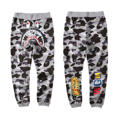 BAPE Black Grey Camo Shark Face Graphic Jogger Pants Unisex Streetwear Sweatpants