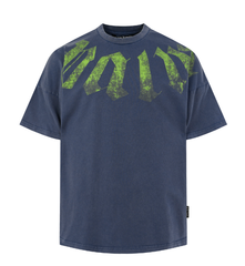 Palm Angels Navy Washed Green Gothic Print Tee