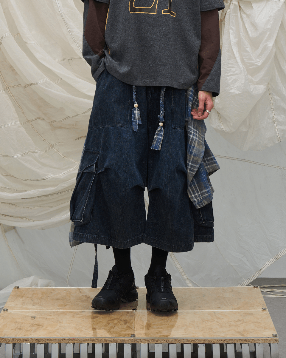 Utility Denim 3/4 Shorts with Detachable Back Flap