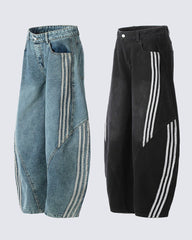 Contrast Striped Wide-Leg Denim Pants