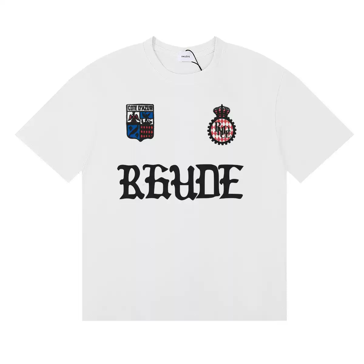 Rhude Cote D'Azur Shield Crest Gothic Letter Graphic Short Sleeve T-Shirt