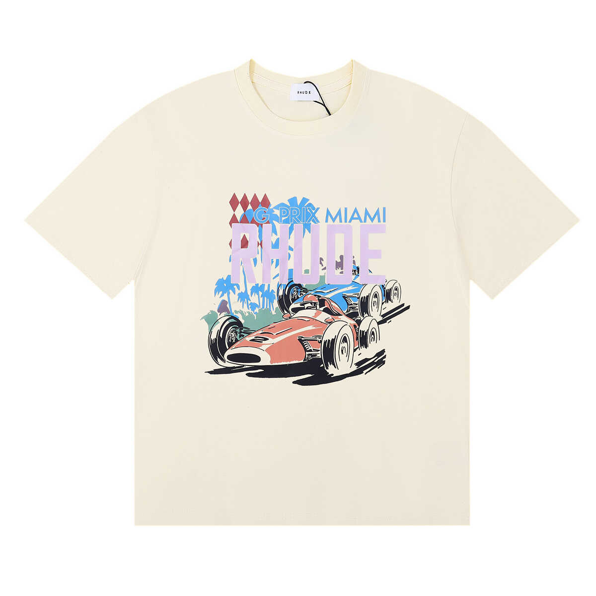 Rhude Grand Prix Miami Racing Car Graphic Cream Short Sleeve T‑Shirt