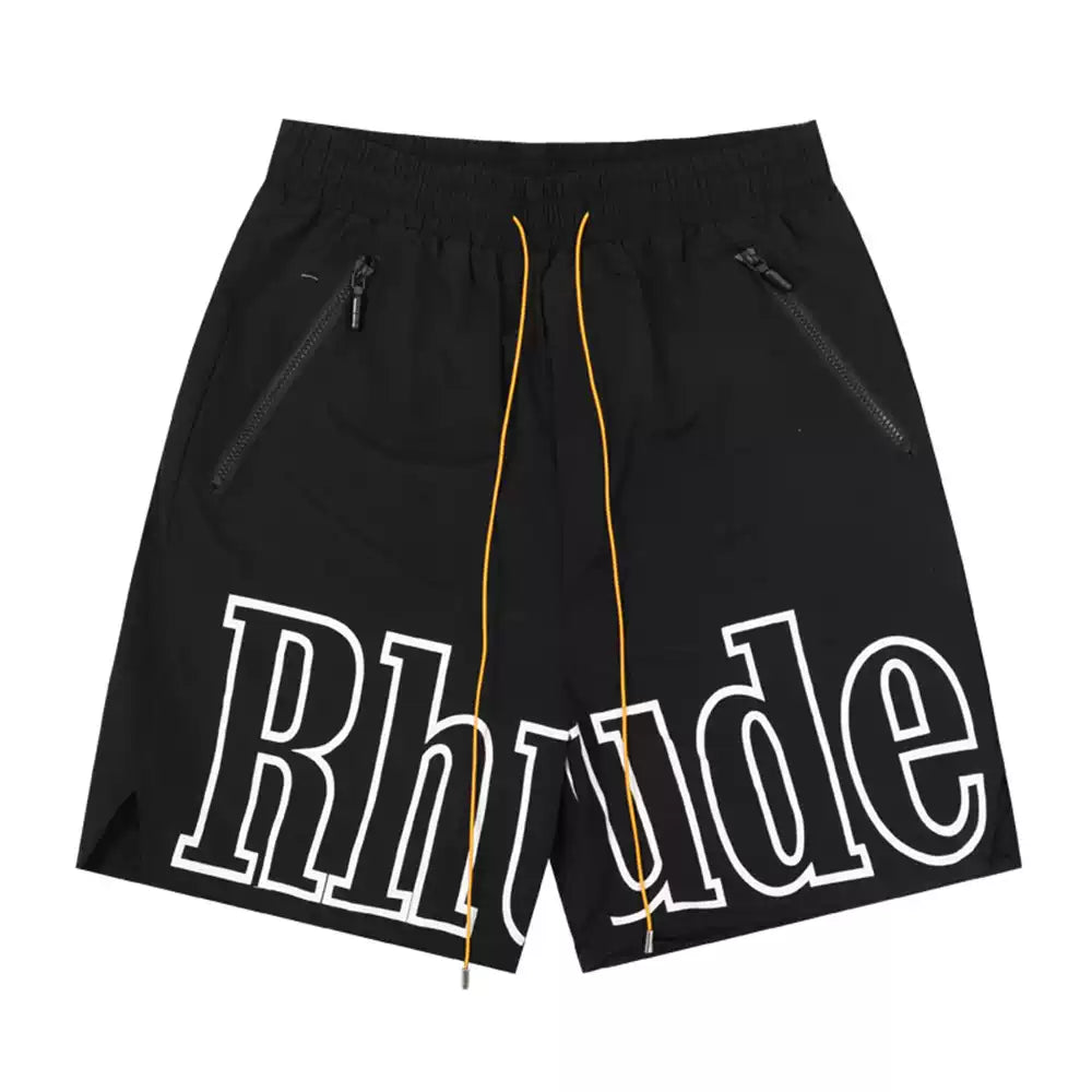 Rhude Large Outline Logo Print Drawstring Black Streetwear Shorts