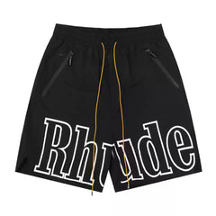 Rhude Large Outline Logo Print Drawstring Black Streetwear Shorts