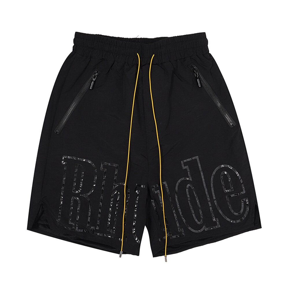 Rhude Large Black Glitch‑Effect Logo Print Drawstring Black Streetwear Shorts
