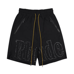 Rhude Large Black Glitch‑Effect Logo Print Drawstring Black Streetwear Shorts