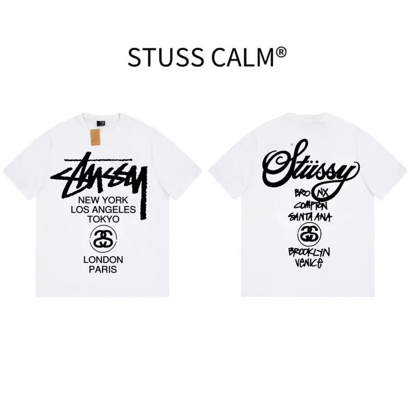 STUSSY White World Tour City List Front & Back Print Tee