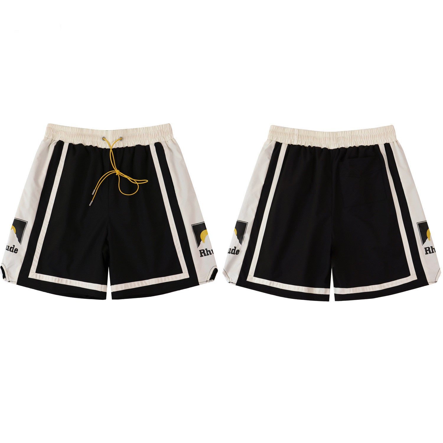 Rhude Black‑White Color‑Block Mountain Logo Drawstring Streetwear Shorts
