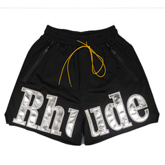 Rhude Large Silver Logo Applique Mesh Streetwear Drawstring Black Shorts