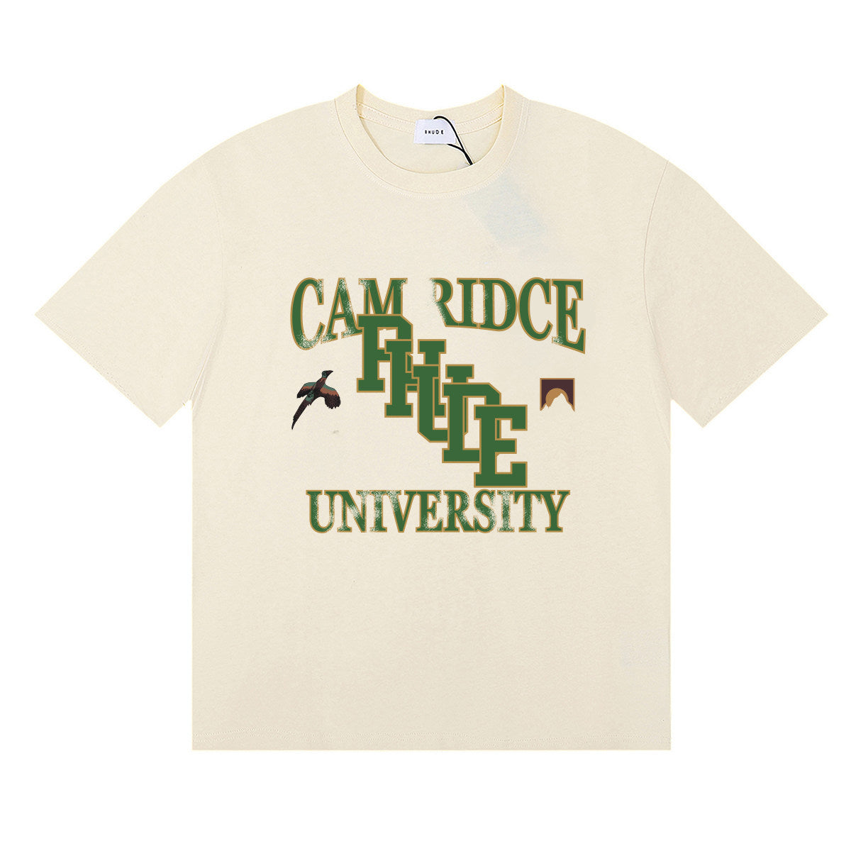 Rhude Cambridge University Vintage College Letter Graphic Cream Short Sleeve T‑Shirt