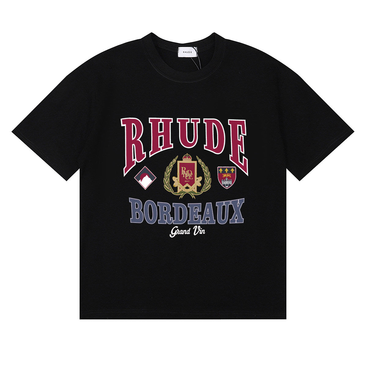 Rhude Bordeaux Grand Vin Crest Emblem Vintage Graphic Black Short Sleeve T‑Shirt