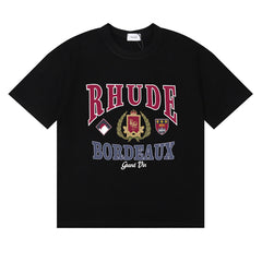 Rhude Bordeaux Grand Vin Crest Emblem Vintage Graphic Black Short Sleeve T‑Shirt