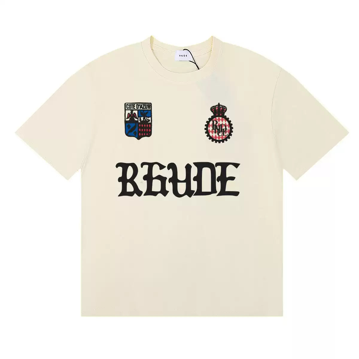 Rhude Cote D'Azur Shield Crest Gothic Letter Graphic Short Sleeve T-Shirt