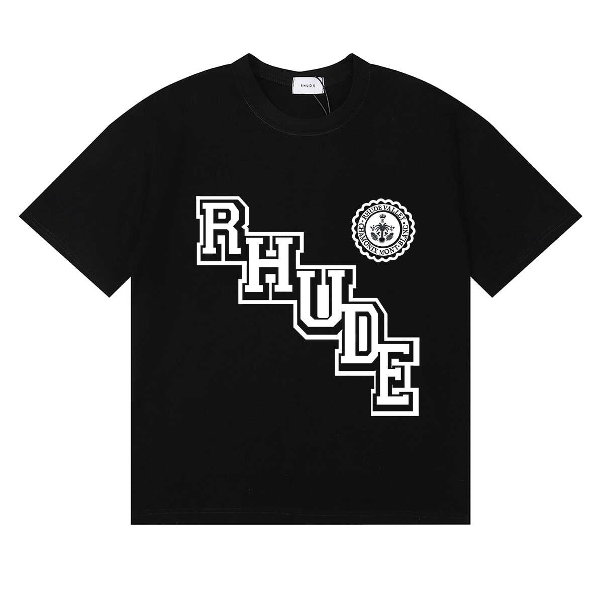 Rhude Diagonal Varsity Letter Crest Graphic Short Sleeve T-Shirt