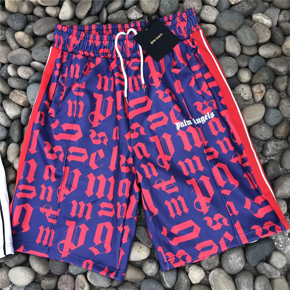 Palm Angels Purple Red Gothic Letter Print Shorts Unisex Bold Streetwear Shorts