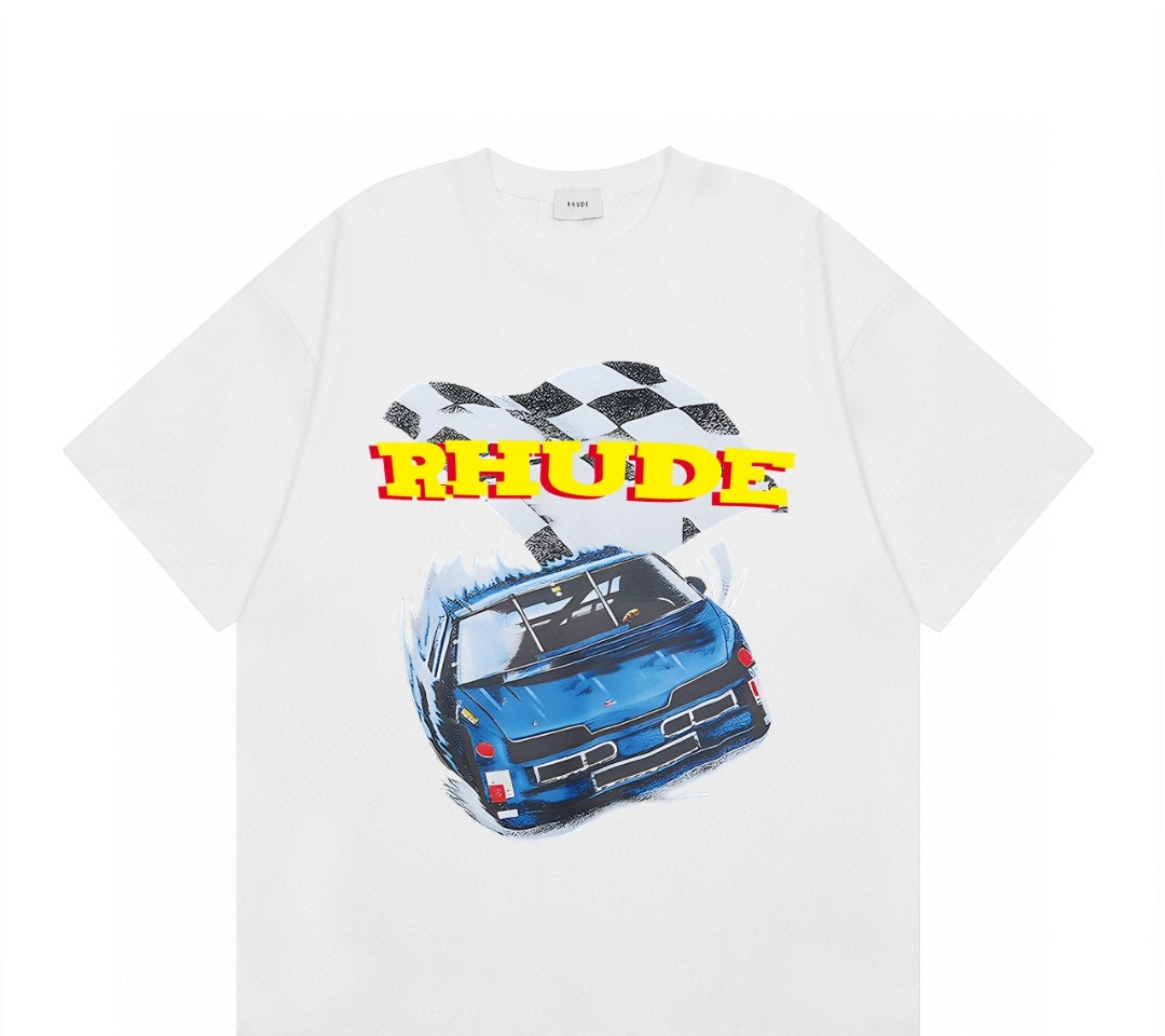 Rhude Racing Car Checkered Flag Graphic Short Sleeve T-Shirt