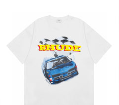 Rhude Racing Car Checkered Flag Graphic Short Sleeve T-Shirt