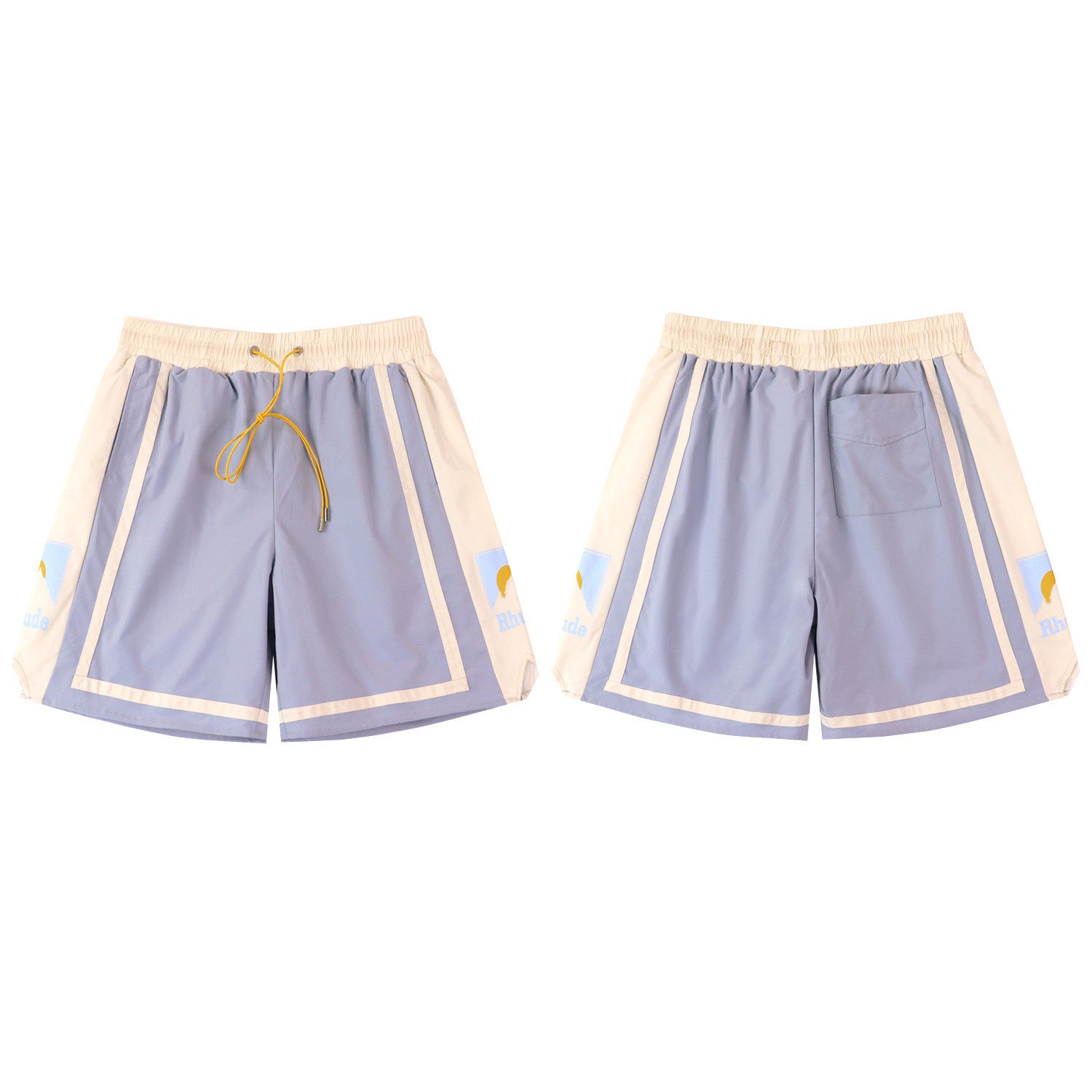 Rhude Light Blue‑Off‑White Color‑Block Mountain Logo Drawstring Streetwear Shorts