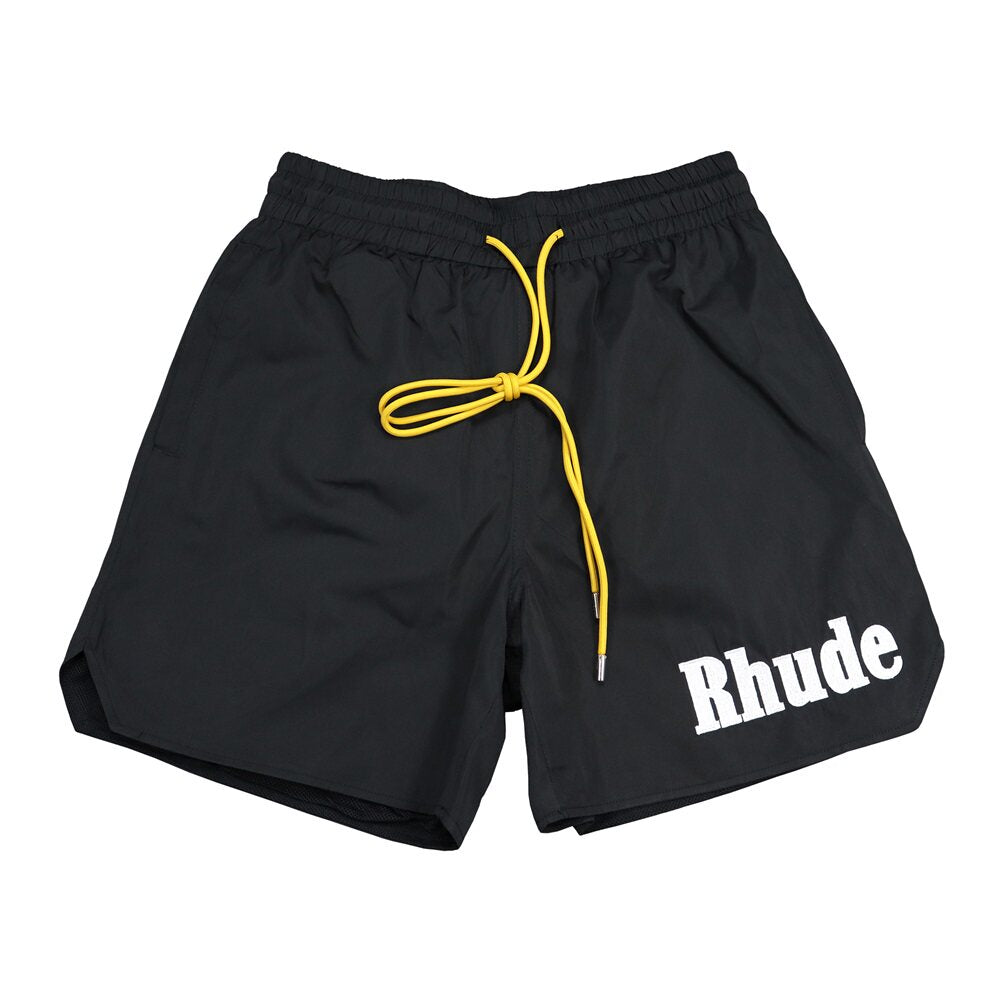 Rhude Bold Logo Yellow Drawstring Black Streetwear Board Shorts