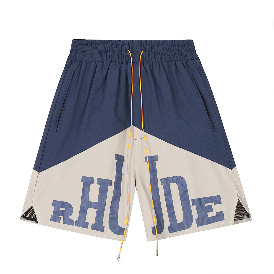 Rhude Chevron Color‑Block Split Logo Yellow Drawstring Streetwear Shorts
