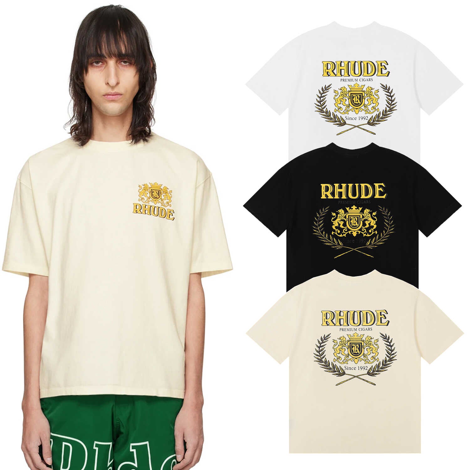 Rhude Premium Cigars Lion Crest Front and Back Graphic Short Sleeve T-Shirt