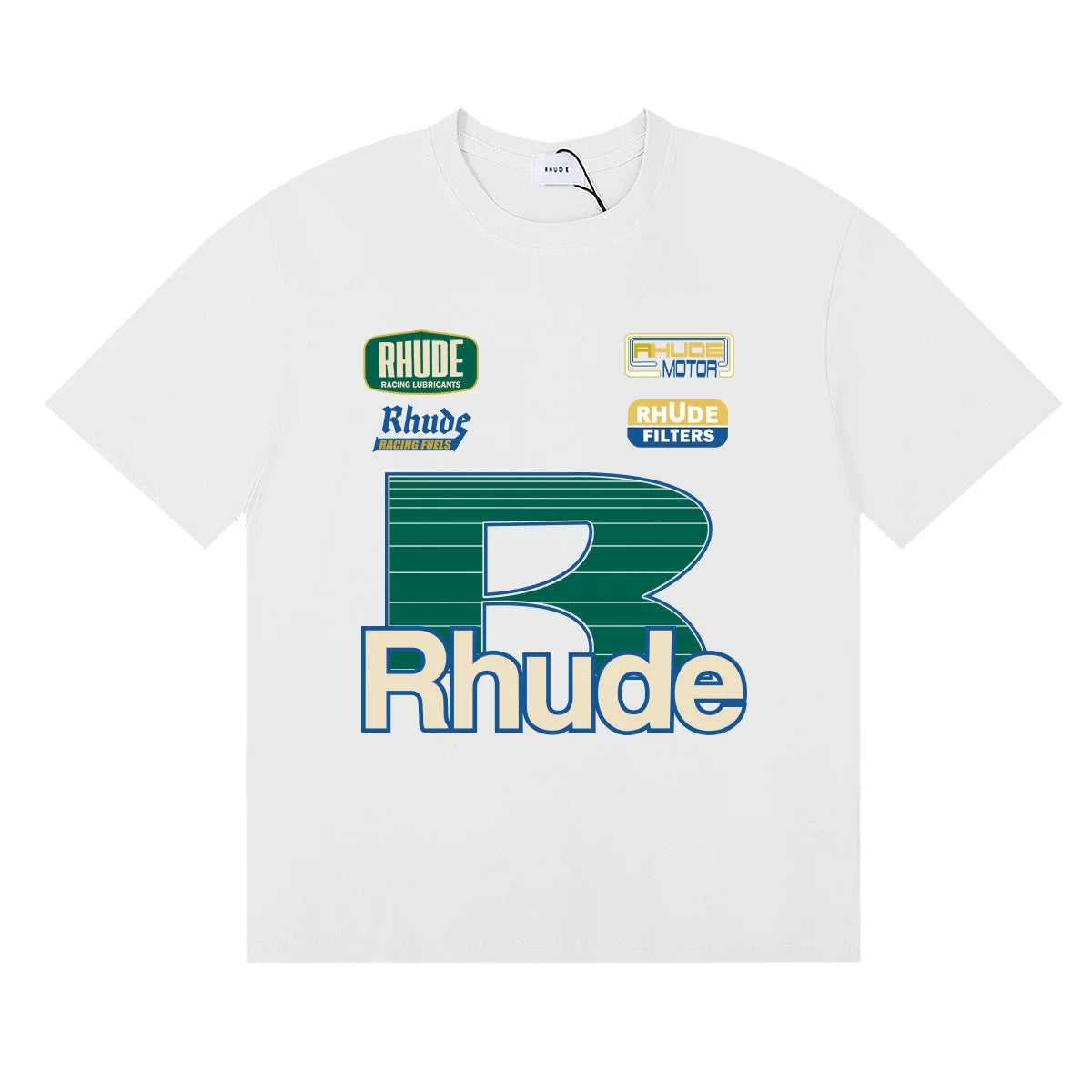 Rhude Racing Badge Big R Logo White Short Sleeve T‑Shirt