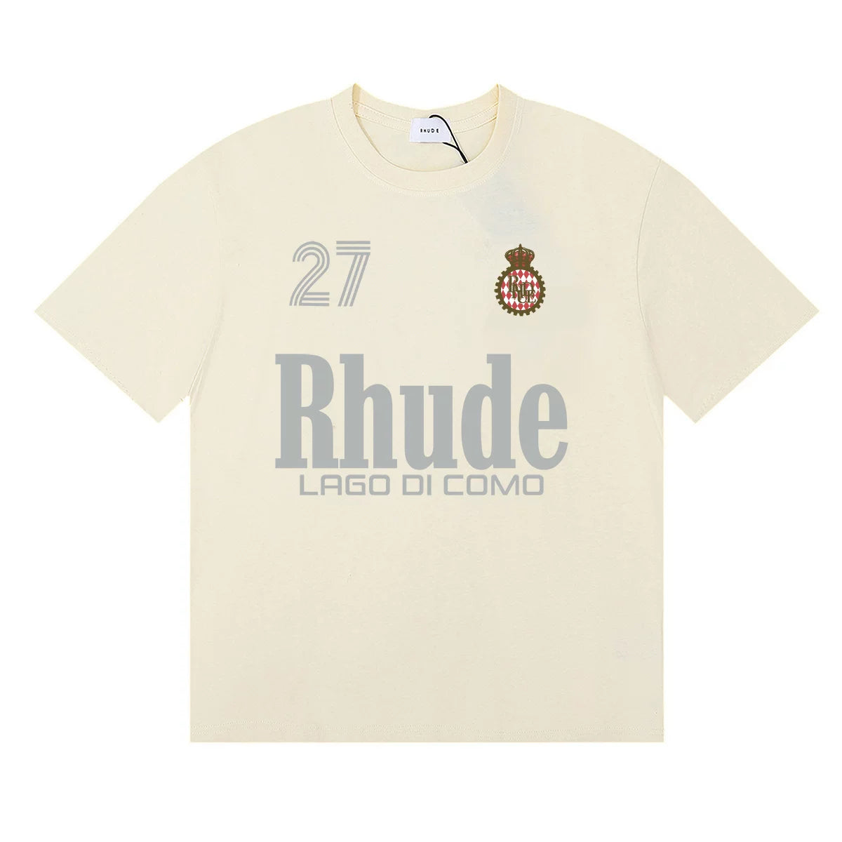 Rhude Lago Di Como 27 Crest Graphic Cream Short‑Sleeve Tee