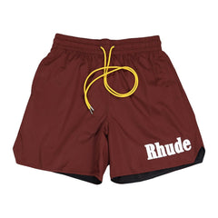 Rhude Bold Logo Yellow Drawstring Burgundy Streetwear Board Shorts