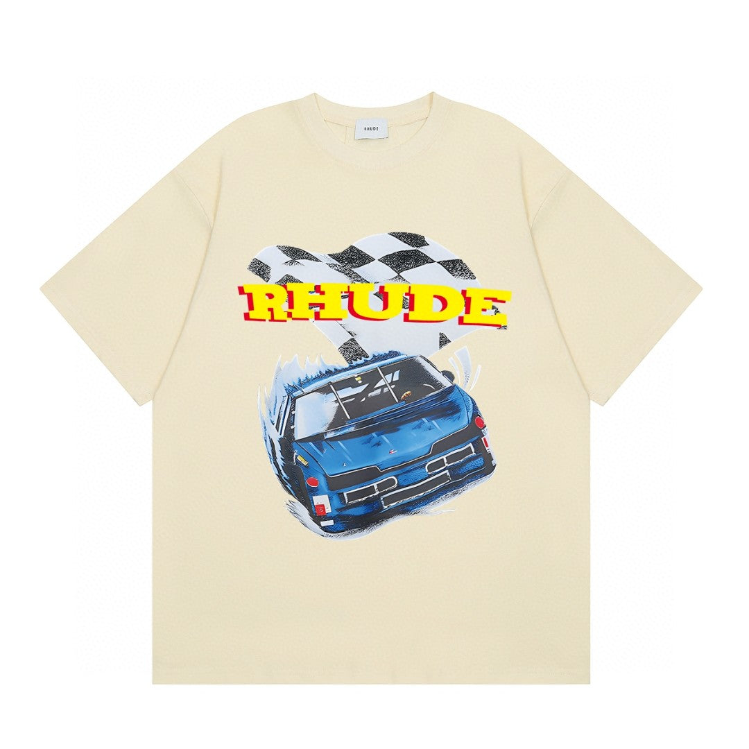 Rhude Racing Car Checkered Flag Graphic Short Sleeve T-Shirt