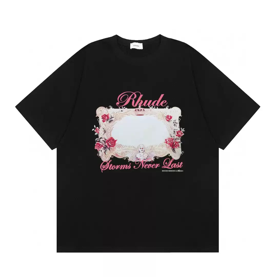Rhude Roses Never Last Floral Frame Graphic Short Sleeve T-Shirt