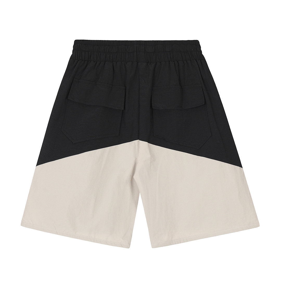 Rhude Black‑Beige Chevron Color‑Block Split Logo Yellow Drawstring Shorts