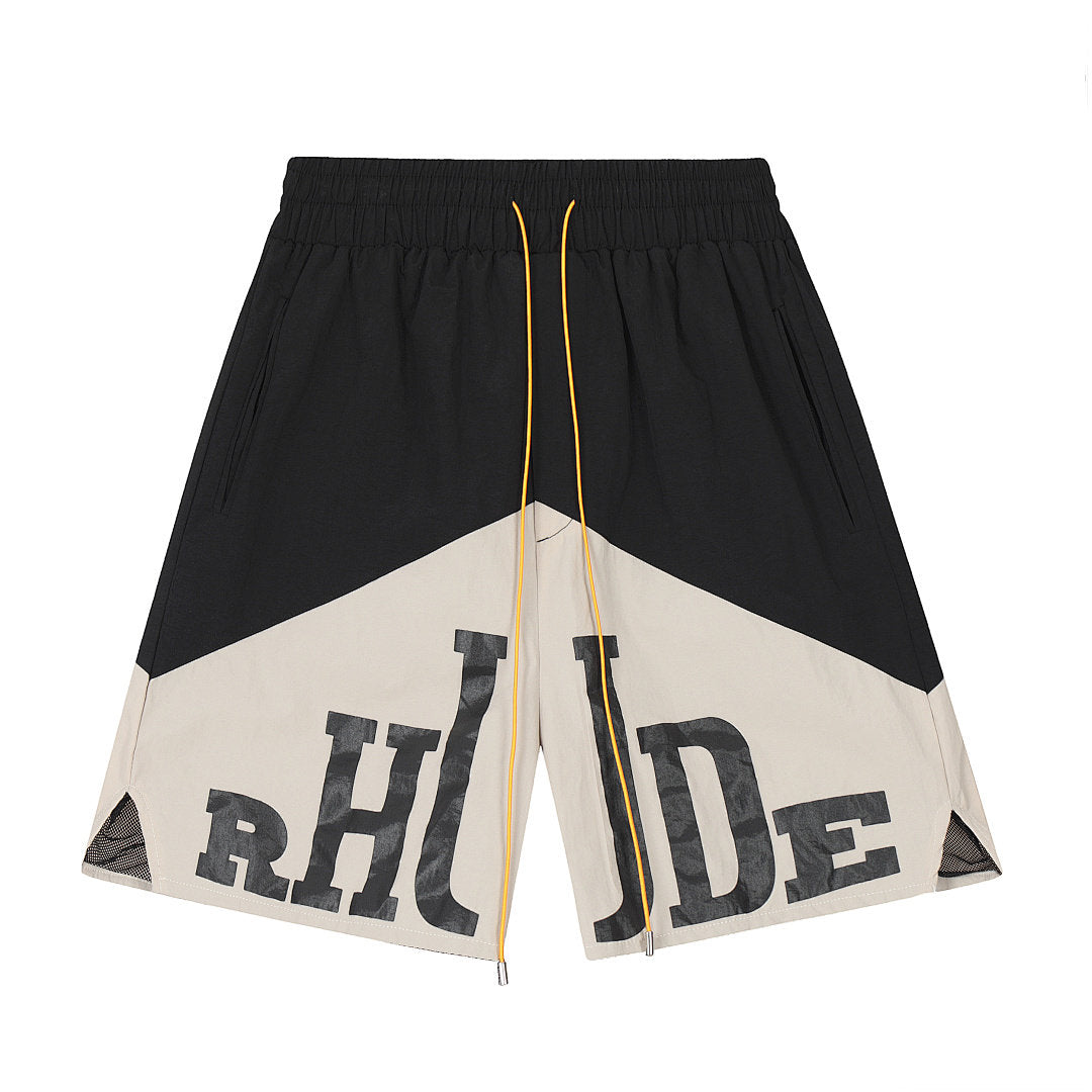 Rhude Black‑Beige Chevron Color‑Block Split Logo Yellow Drawstring Shorts