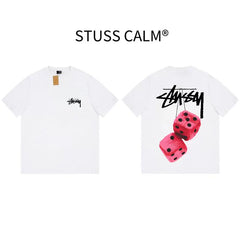 STUSSY White Pink Dice Front & Back Print Tee