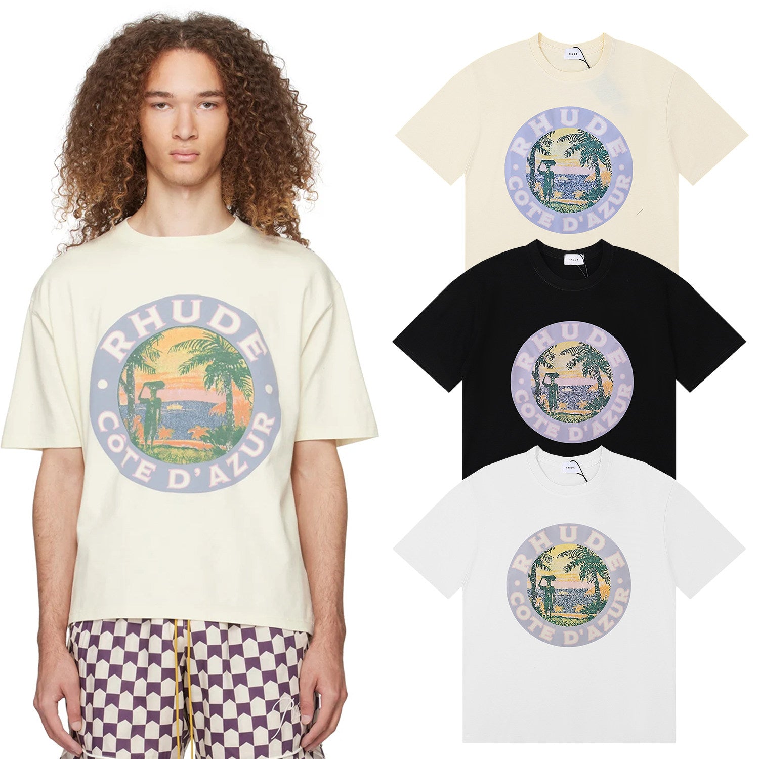 Rhude Cote D'Azur Tropical Palm Circle Graphic Short Sleeve T-Shirt