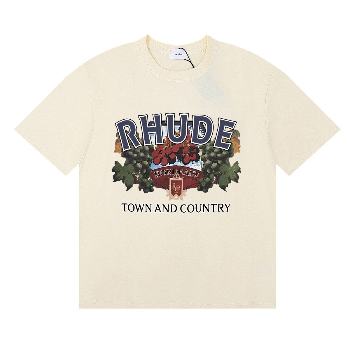Rhude Town And Country Bordeaux Grape Vintage Graphic Cream Short Sleeve T‑Shirt