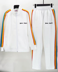 Palm Angels White Rainbow Stripe Track Suit 2Pcs Zip Up Jacket + Straight Sweatpants Unisex Outfit