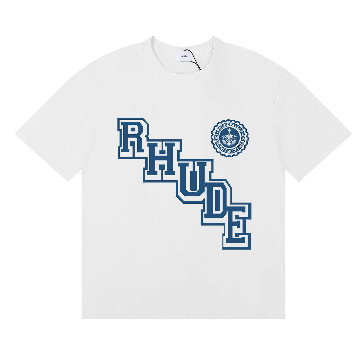 Rhude Diagonal Varsity Letter Crest Graphic Short Sleeve T-Shirt