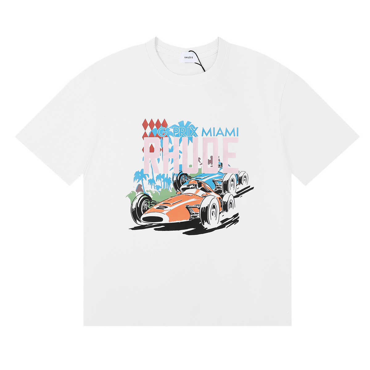 Rhude Grand Prix Miami Racing Car Graphic White Short Sleeve T‑Shirt