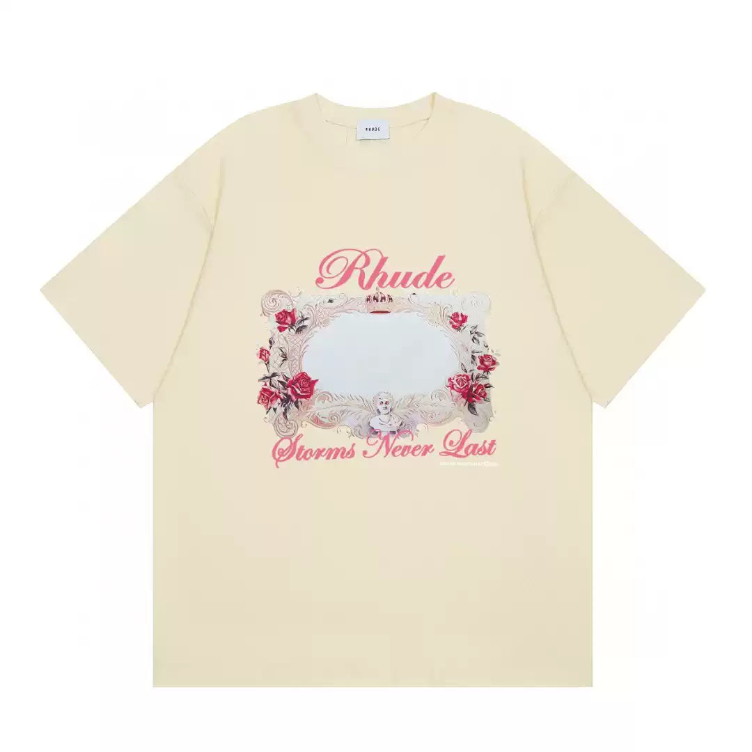 Rhude Roses Never Last Floral Frame Graphic Short Sleeve T-Shirt